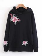 Romwe Flower Applique Kangaroo Pocket Hoodie