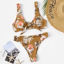 Romwe Random Leaf & Flower Print Tie Front Bikini