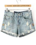 Romwe Vintage Ripped Flange Denim Shorts