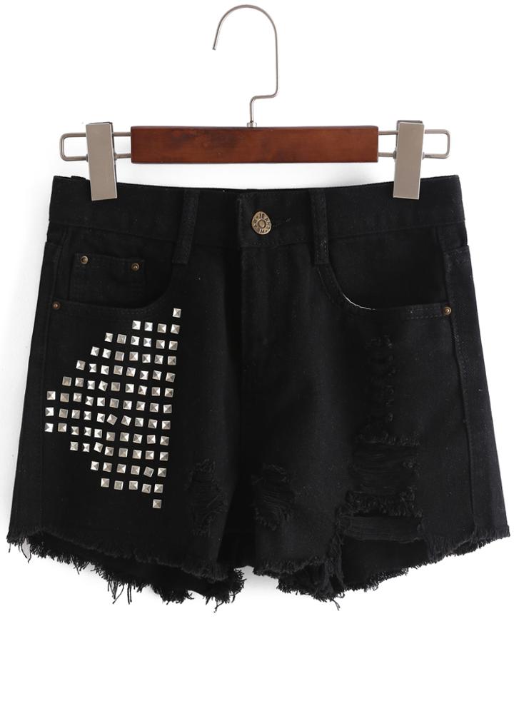 Romwe With Rivet Ripped Fringe Denim Black Shorts