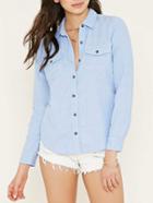 Romwe Pockets Slim Blue Blouse