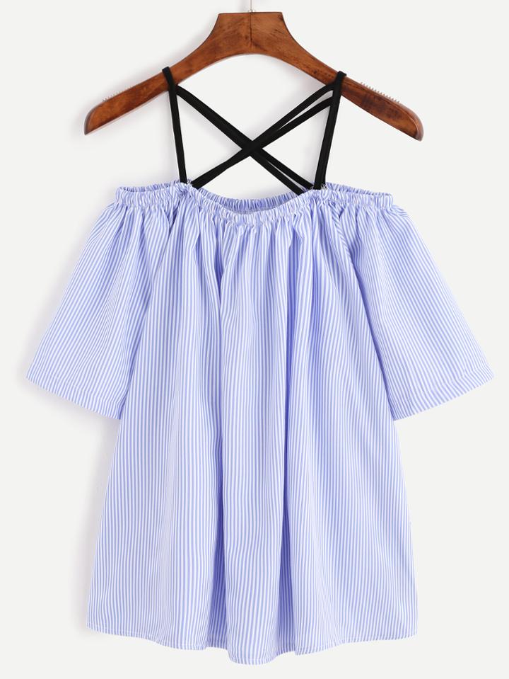 Romwe Blue Vertical Striped Crisscross Cold Shoulder Blouse