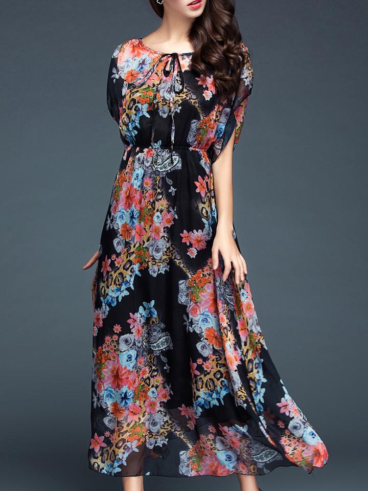 Romwe Black Tie Neck Batwing Print Maxi Dress
