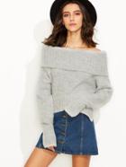 Romwe Grey Fold Over Off The Shoulder Slit Sweater