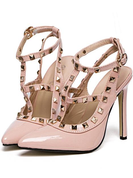 Romwe Pink Pointy Cutout Studded Pu Heels