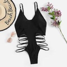 Romwe Contrast Mesh Ladder Cut-out One Piece Swimwear