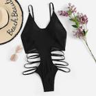 Romwe Contrast Mesh Ladder Cut-out One Piece Swimwear