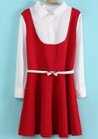 Romwe Lapel Bow Pleated Red Dress