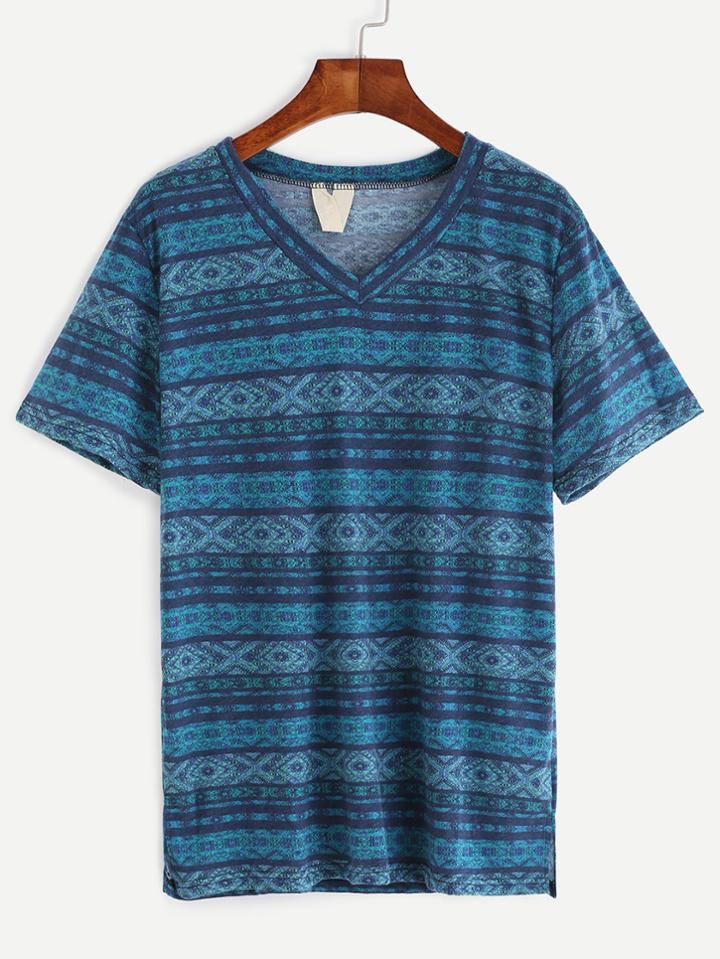 Romwe Blue V Neck Tribal Print T-shirt
