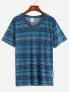 Romwe Blue V Neck Tribal Print T-shirt