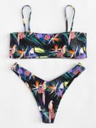 Romwe Leaf & Bird Print Bikini Set