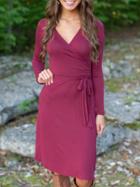 Romwe V Neck Long Sleeve Tie Red Dress