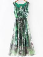 Romwe Green Gem Beadings Flower Print Tie Waist Maxi Dress