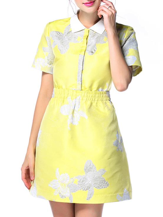 Romwe Yellow Lapel Elastic-waist Jacquard Pockets Dress