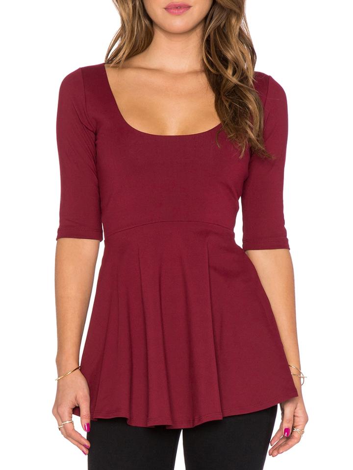 Romwe Wine Red Scoop Neck Ruffle Slim Blouse
