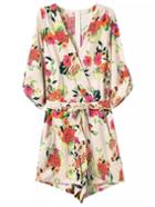 Romwe Multicolor Pockets Tie-waist Bow Flower Print Romper