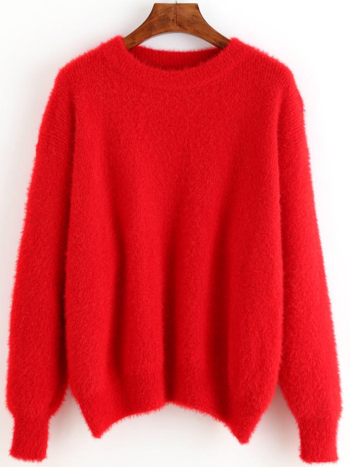 Romwe Red Round Neck Plain Sweater