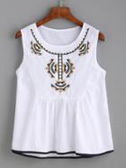 Romwe White Contrast Trim Embroidered Top