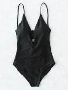 Romwe Black Plunge Neck Stappy Back One-piece Swimwear