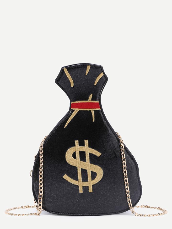 Romwe Black Dollar Pattern Asymmetrical Pu Chain Bag