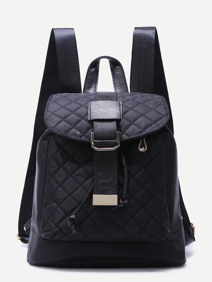 Romwe Black Buckled Strap Quilted Nylon Backpack