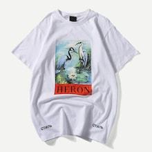 Romwe Guys Animal & Letter Print Tee