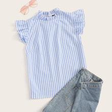 Romwe Plus Mock-neck Ruffle Armhole Striped Top