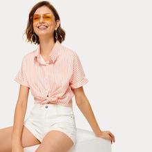 Romwe Striped Button Front Knot Hem Shirt