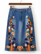 Romwe Flower Embroidery Split Back Denim Skirt