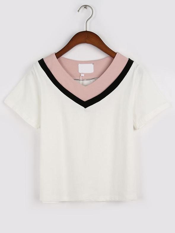 Romwe White Color Block V Neck T-shirt