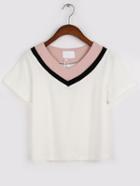 Romwe White Color Block V Neck T-shirt