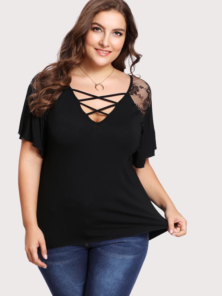Romwe Lace Shoulder Crisscross Neck T-shirt