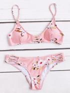 Romwe Pink Floral Print Crisscross Detail Bikini Set