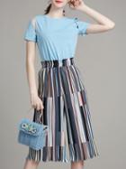Romwe Blue Open Shoulder Top With Striped Pants