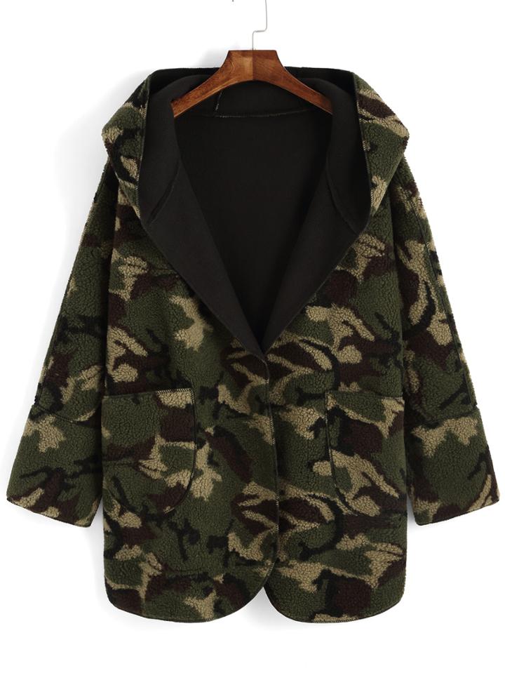 Romwe Hooded Camouflage Pockets Loose Coat