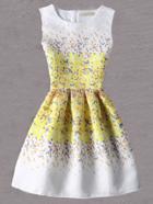 Romwe Yellow Flower Print Fit And Flare Jacquard Dress