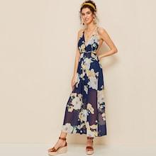 Romwe Floral Print Backless Cami Dress