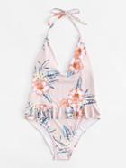 Romwe Flower Print Backless Swimsuit