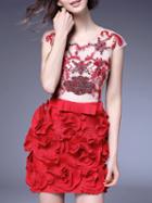 Romwe Red Applique Pouf Beading Disc Flowers Dress