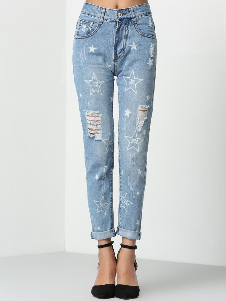 Romwe Stars Print Ripped Denim Pant