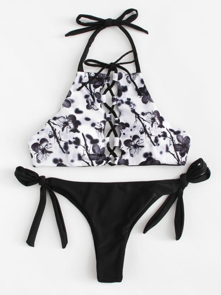 Romwe High Neck Lace Up Bikini Set