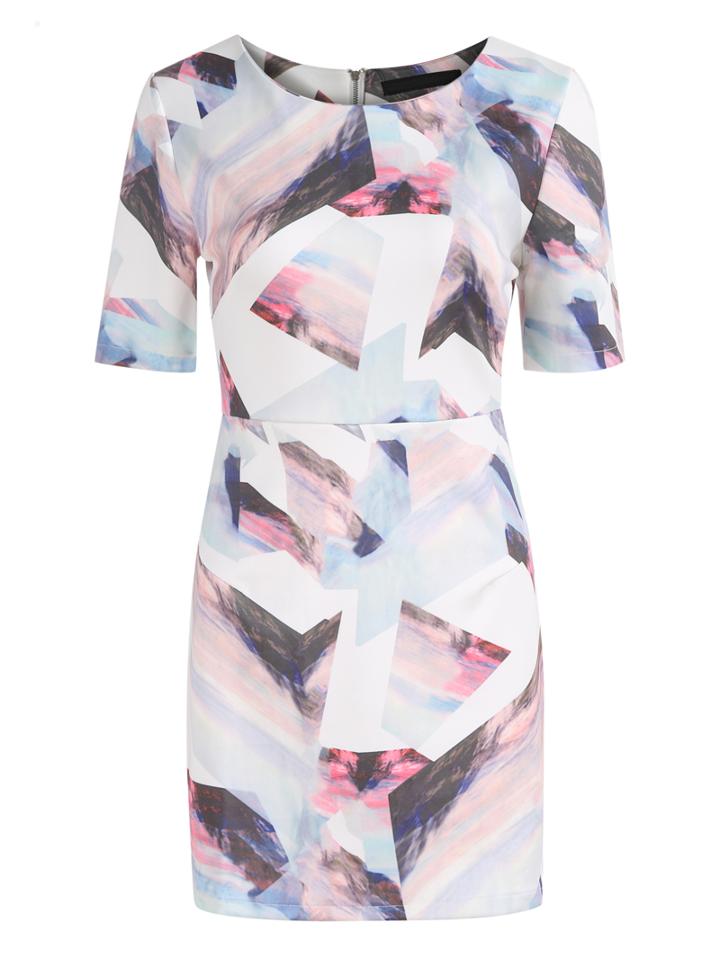 Romwe Short Sleeve Geometric Print White Dress