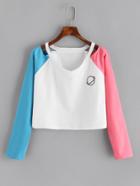 Romwe Planet Print Cut Out Neck Contrast Sleeve T-shirt