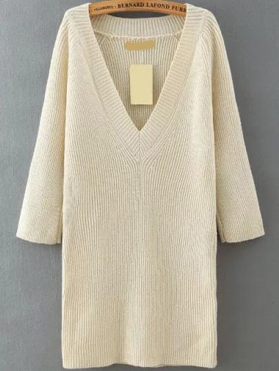 Romwe V Neck Beige Sweater Dress