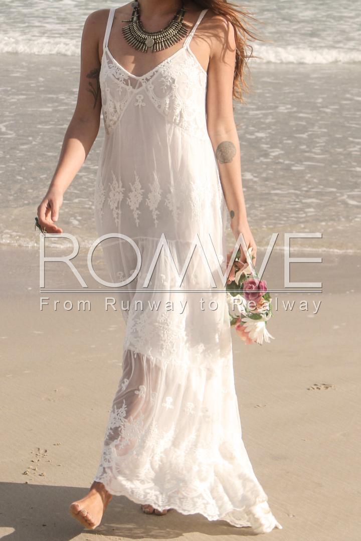 Romwe White Spaghetti Strap Lace Maxi Dress