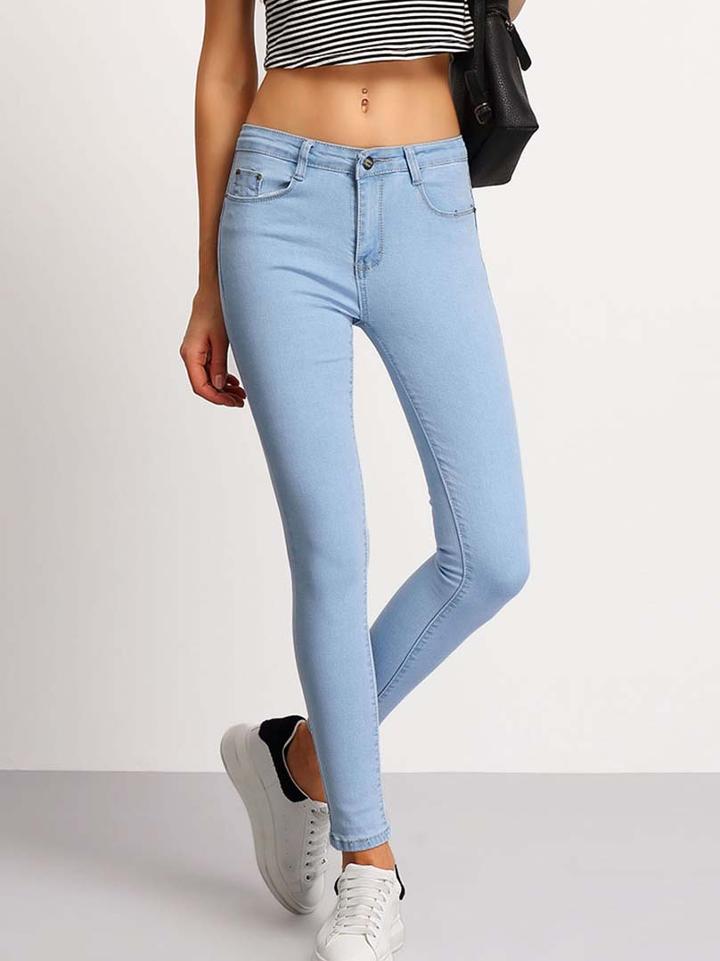 Romwe Light Blue Slim Pockets Denim Pant