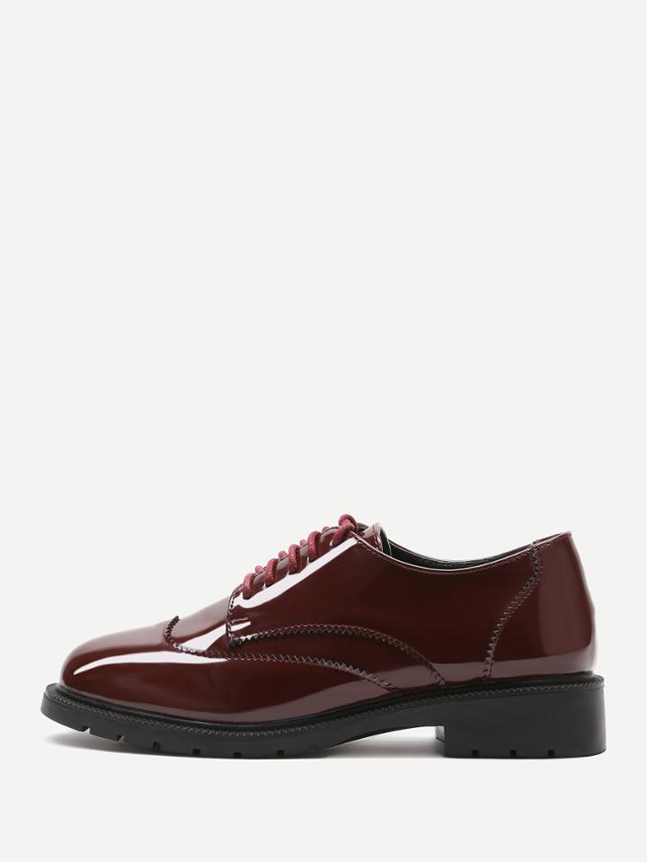 Romwe Burgundy Lace Up Patent Leather Shoes