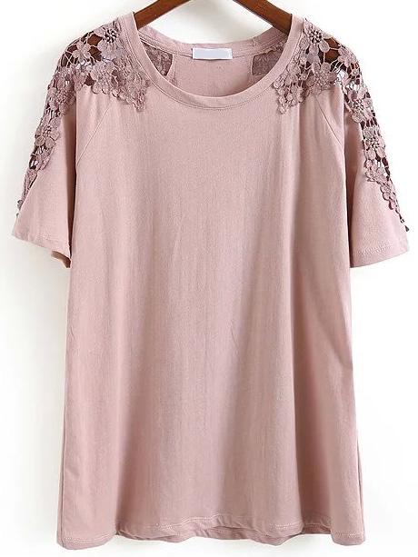 Romwe Lace Insert Pink T-shirt
