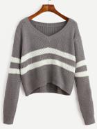 Romwe Striped V Neck Crop Sweater