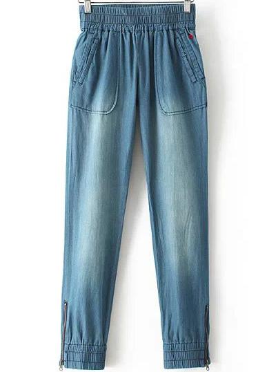 Romwe Elastic Waist Bleached Denim Pant
